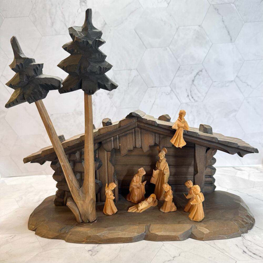 Vintage ANRI Reuge Nativity Swiss Musical Carved Wood Christmas Semi-Works READ